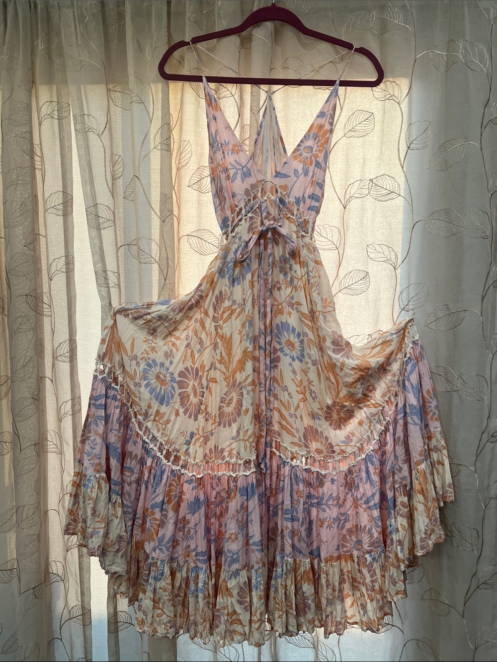 Free People Floral Boho V-Neck midi  Dress in Pastel Pink and Cream size S
